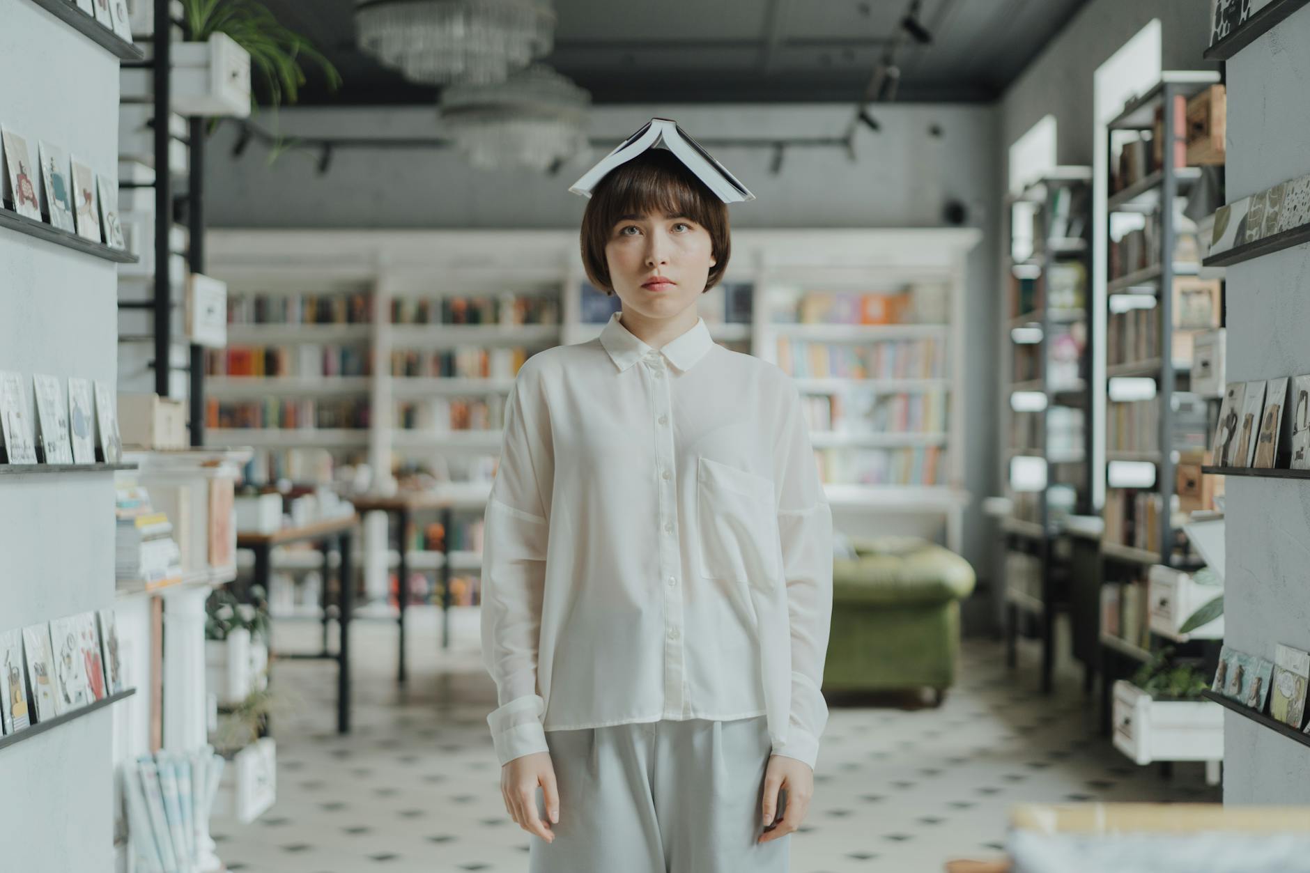 woman in white long sleeve shirt and gray skirt standing on gray concrete floor