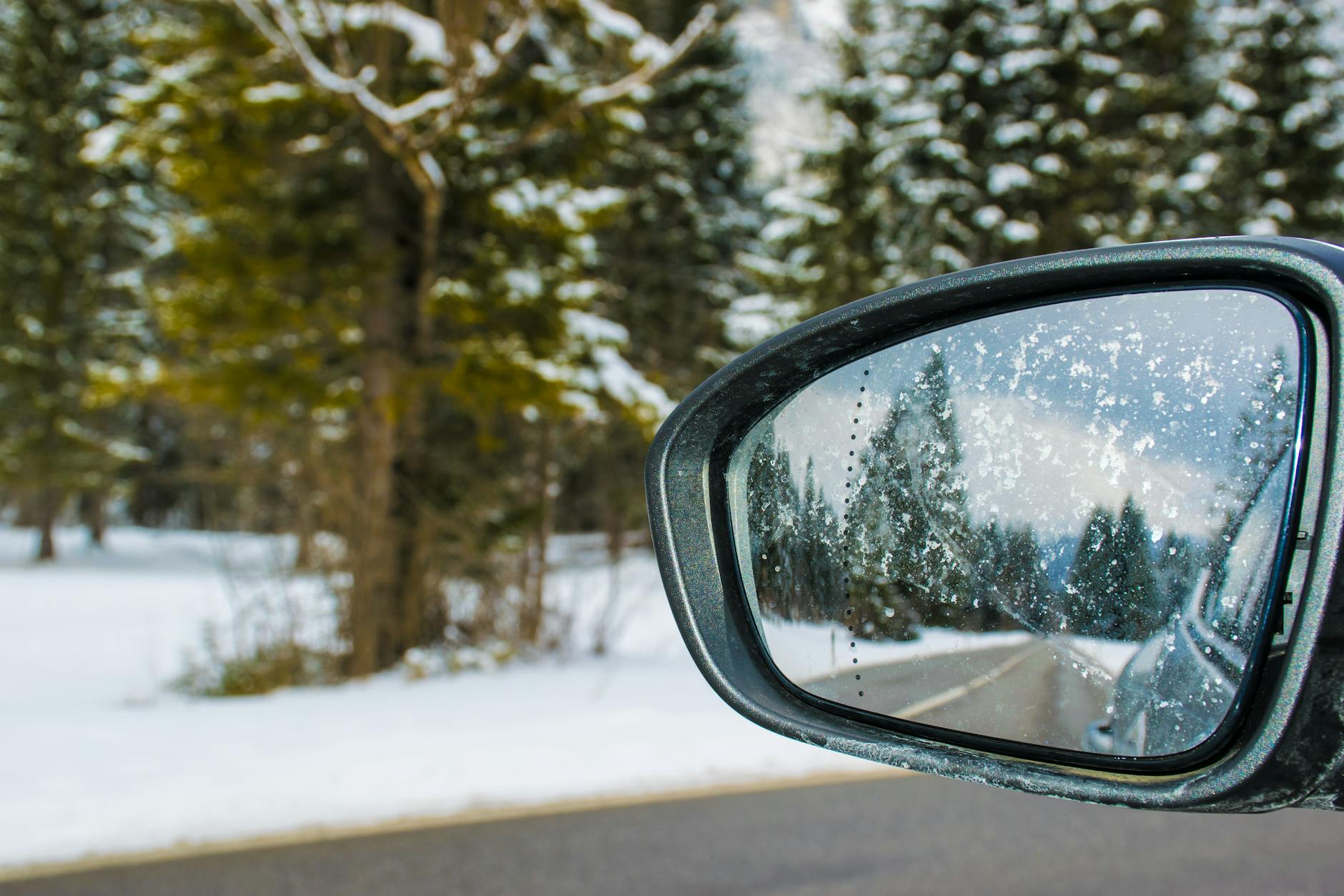 framed side mirror beside snow covered field
