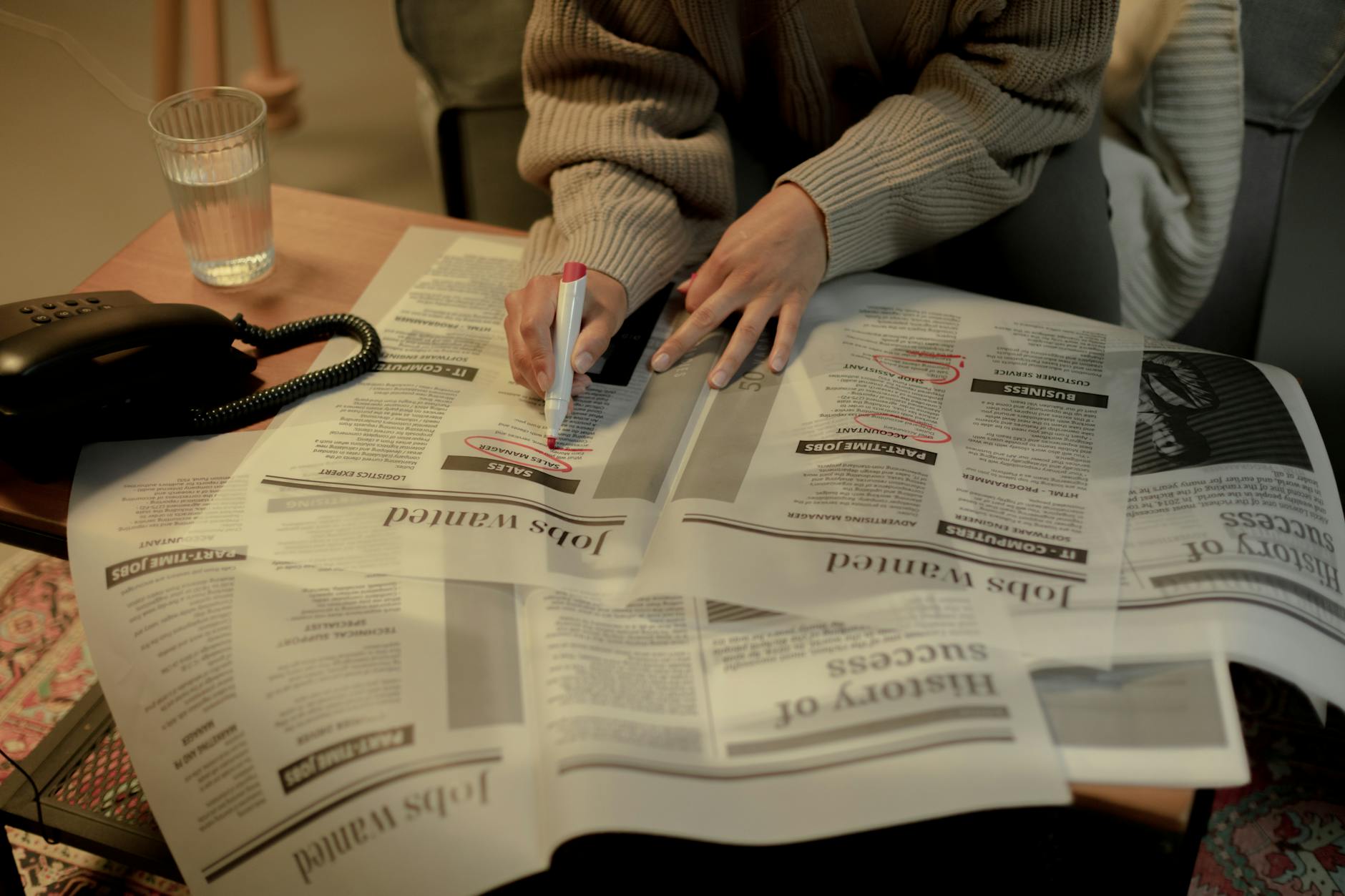 woman looking for jobs in newspaper